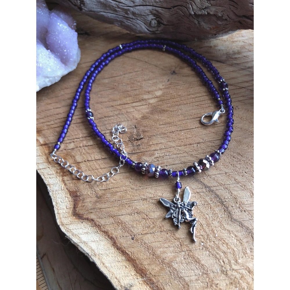 Handmade Amethyst Fairy Pendant Necklace: Purple Fire Polish Glass Beads